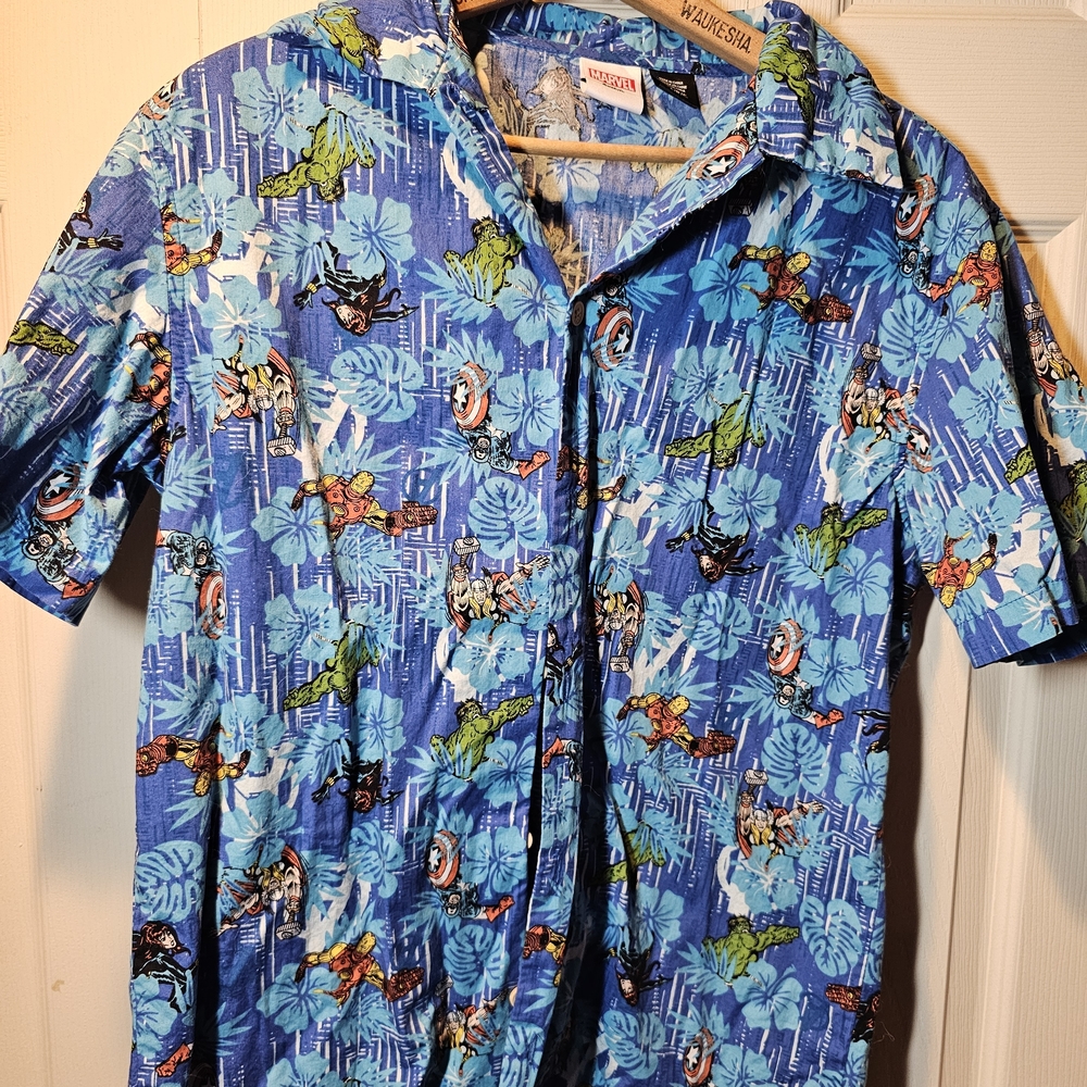 Marvel Blue Shirt with Tropical and Red Accents